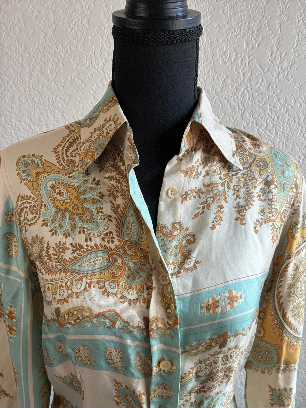 Etro Silk Paisley Patchwork Button Down Long Sleeve Blouse Gold Vintage S - Picture 3 of 7